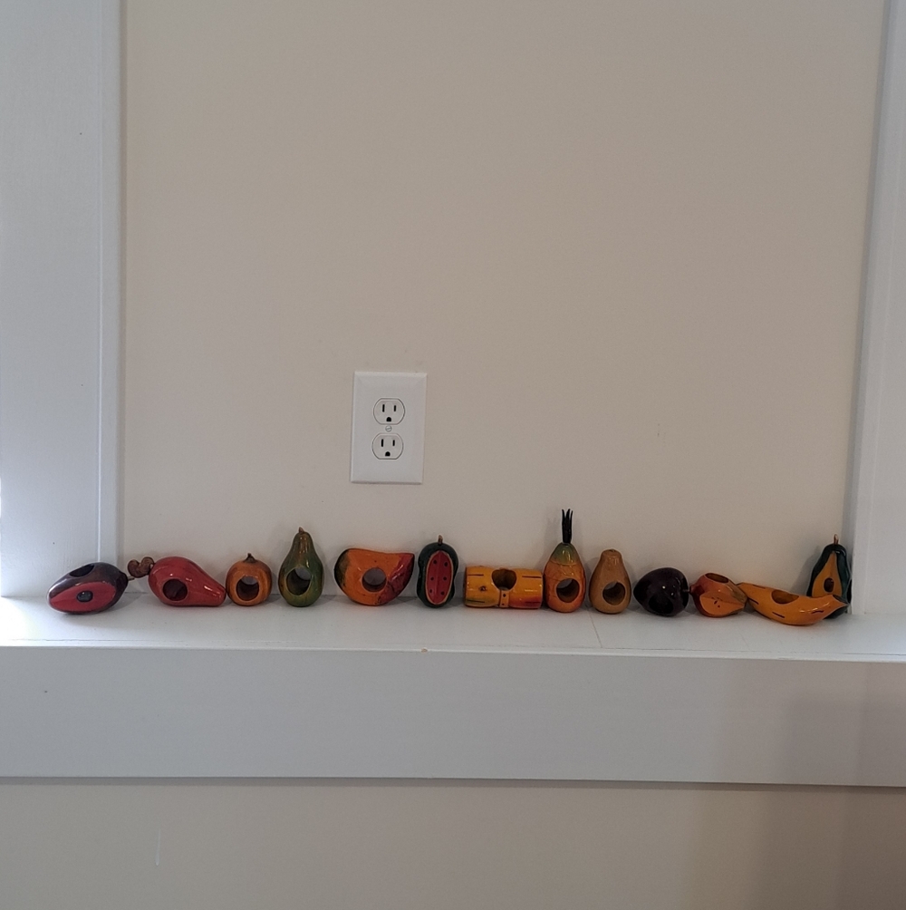 Vtg. 70s Hand Carved Hand Painted MidMod Mid Century  Wooden Fruit Napkin Rings.